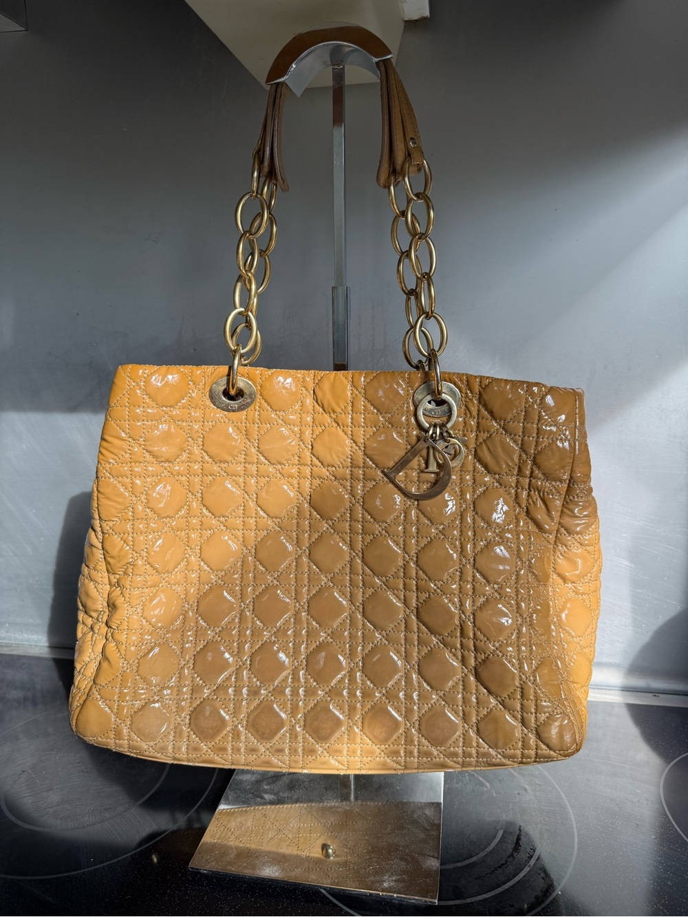 Dior Quilted Patent Leather Tote - Mustard Brown